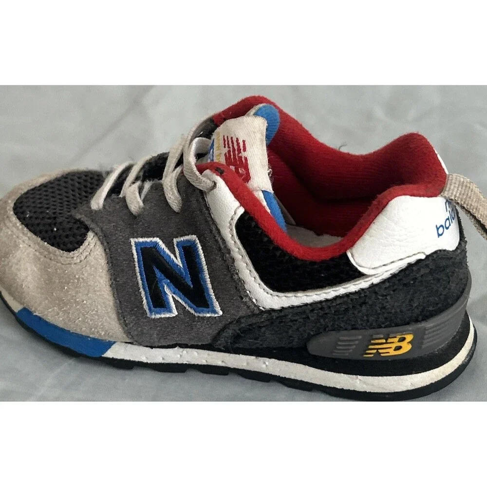 New Balance 574 Bungee Lace Sneakers Grey Blue Red Accent Shoes Sz 8